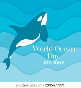 A blue paper wave with a whale in the water, world ocean day, june 8