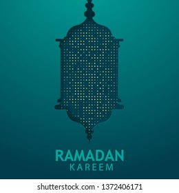 Blue papercut ramadan kareem background. Realistic cutting paper with golden glitters composition. Modern islamic backdrop.