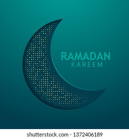 Blue papercut ramadan kareem background. Realistic cutting paper with golden glitters composition. Modern islamic backdrop.