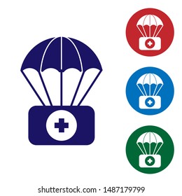 Blue Parachute with first aid kit icon isolated on white background. Medical insurance. Set color icons in circle buttons. Vector Illustration