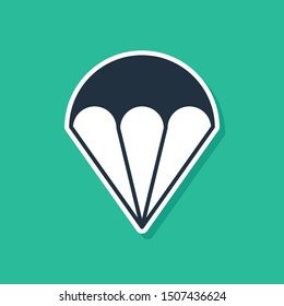 Blue Parachute icon isolated on green background. Extreme sport. Sport equipment.  Vector Illustration