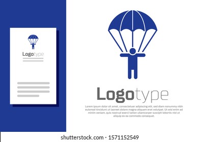 Blue Parachute and silhouette person icon isolated on white background. Logo design template element. Vector Illustration