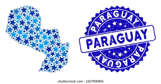 Blue Paraguay map mosaic of stars, and textured rounded stamp. Abstract territory plan in blue color tinges. Vector Paraguay map is formed of blue stars.
