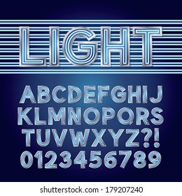 Blue Parallel Neon Light Alphabet and Numbers, Eps 10 Vector Editable
