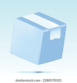 Blue parcel with white sealed tape. 3D vector illustration isolated on light blue. Delivery, shipping service concept. 