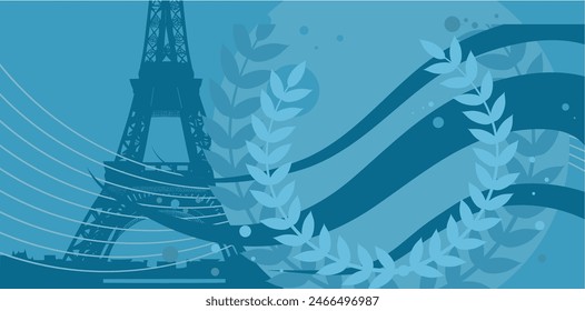  Blauer Pariser Hintergrund, Eiffelturm und Lorbeerkranz - Vektorillustration