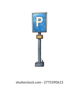 Blue parking sign mounted on a metal post indicating parking