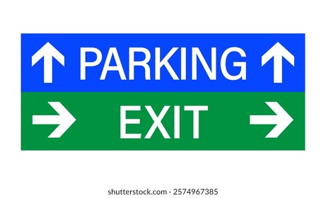 Blue parking sign together with  green exit sign. Information sign with texts and two directional arrows, one pointing up and the other right. Horizontal shape.