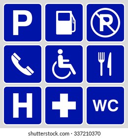 blue parking symbols and signs collection, may be used to publicize of parking areas. vector illustration