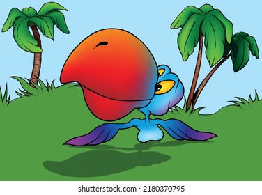 Blauer Papagei mit Big Red Beak - farbige Cartoon-Illustration mit Hintergrund, Vektorgrafik