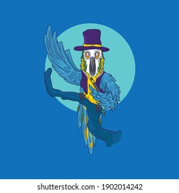 blue parrot character illustration in magician costume