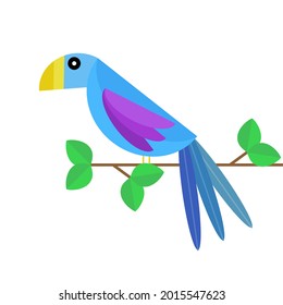 Blue parrot sitting on tree branch. Colorful exotic bird. Bright vector illustration in flat style. Icon of fowl. Isolated element for logo