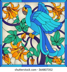 Blue parrots macaws stained glass window