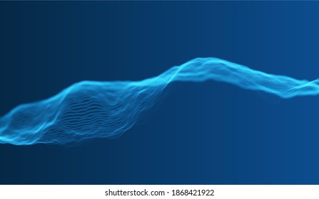 Blue particle wave background. Abstract dynamic mesh. Big data technology. Vector grid illustration.