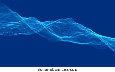 Blue particle wave background. Abstract dynamic mesh. Big data technology. Vector grid illustration.