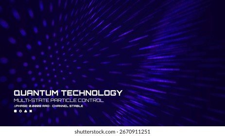 Fundo de onda de partícula azul com texto de "tecnologia quântica" na exibição de dados digitais escuros e futuristas. Conceito abstrato para a ciência.