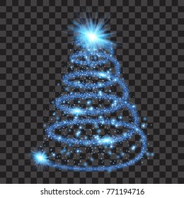 Blue particle wave in form of christmas tree with bright shining and glowing particles isolated on transparent background. Glitter bright trail, glowing wave vector illustration