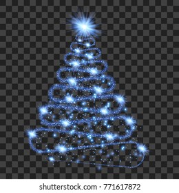 Blue particle wave in form of christmas tree with bright shining and glowind particles isolated on transparent background. Glitter bright trail, glowing wave vector illustration