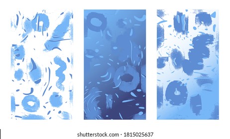 Blue particles, brush strokes and circles on canvas, modern style paintings. Artistic winter sketchy backgrounds. Deep ocean or snowy windows. Hand drawn vector illustration