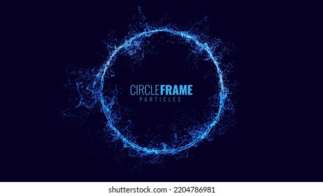 Blue Particles Circle Frame. Particles Shockwave Effect on Dark Background. Digital Explosion. Radial Sound Circle Wave Music Visualization. Colorful Equalizer Background. Vector Illustration.