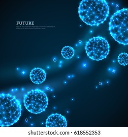 Blue particles flowing towards on dark background. Vector illustration. Abstract molecules impact. Connection Structure. Geometric Modern Technology Concept.