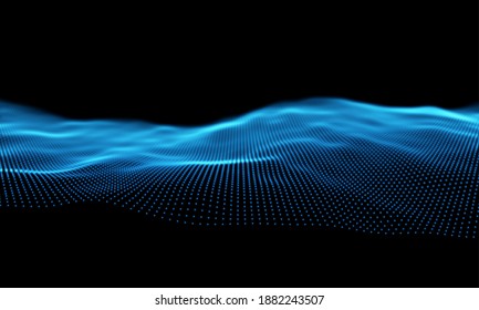 Blue particles wave background. Abstract dynamic mesh. Big data technology. Vector grid illustration.