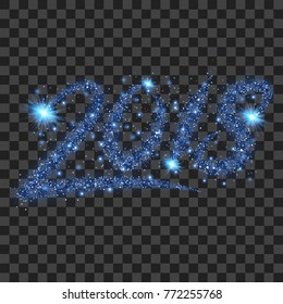 Blue particles wave in form of 2018 digits with bright shining and glowind particles isolated on transparent background. Glitter bright trail, glowing wave vector illustration