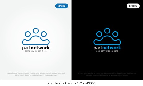 Blue Partner Network Logo Design Template. Team of three people together with cloud icon isolated on white background.