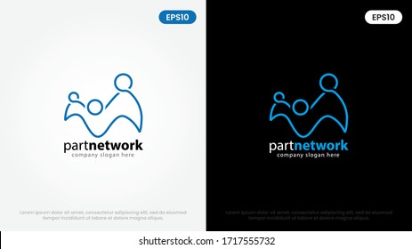 Design-Vorlage für Logo-Designs von Blue Partner. Team von drei Leuten zusammen Symbol einzeln auf weißem Hintergrund. Mein Brief.