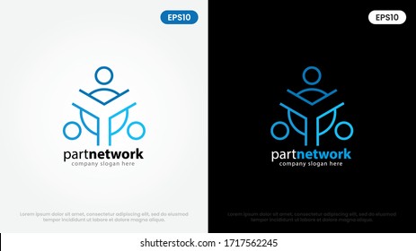 Blue Partner Network Logo Design Template. Team of three people together icon isolated on white background. t letter.