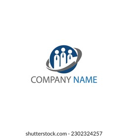Blue Partner Network Logo Design Template. Team of three people together icon isolated on white