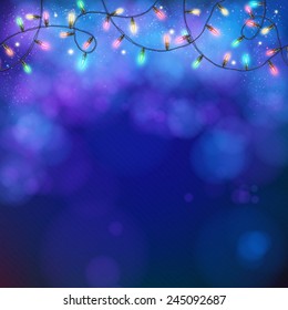 Blue party background with a twirling garland of glowing colorful party lights and bokeh in square format for your greeting card or advertising, vector design