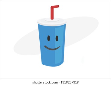 Blue party cup, with straw and smile. Vector illustration.