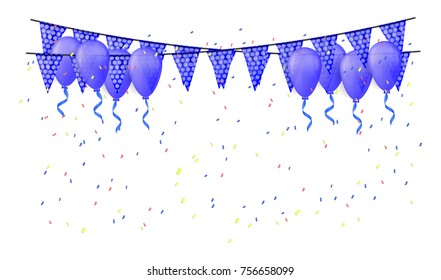 Blue party flags and balloons with confetti . Good for celebration or happy birthday background.