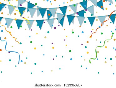 Blue party flags with colorful confetti and streamer on white background. Birthday and festive event.