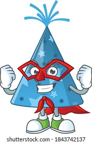 Blue party hat cartoon drawing concept performed as a Super hero. Vector illustration