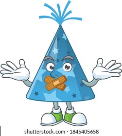 Blue party hat Cartoon drawing design making a quiet finger gesture. Vector illustration