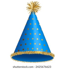 Blue party hat with a pattern of dots. Mockup of cap for birthday, Christmas, festive celebration isolated on transparent background illustration.