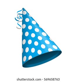 Blue party hat with white circles. Accessory, symbol of the holiday. Birthday Colorful Cap vector illustration. EPS 10.