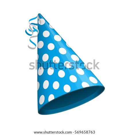 Blue party hat with white circles. Accessory, symbol of the holiday. Birthday Colorful Cap vector illustration. EPS 10.