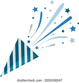 Blue party popper with confetti on white background. Birthday concept. Vector stock