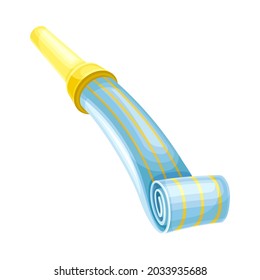 Blue Party Whistle with Yellow Stripes as Birthday Toy and Accessory for Blowing and Making Sound Vector Illustration