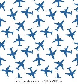 Blue passenger aircraft isolated on white background. Top view. Monochrome seamless pattern. Vector flat graphic illustration. Texture.