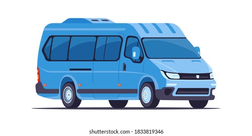 Blue passenger van. The concept of urban transport. Front and side view. Vector illustration in flat style. Isolated on a white background.