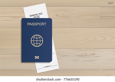 Blue passport and airline boarding pass ticket on wood background. Vector illustration.