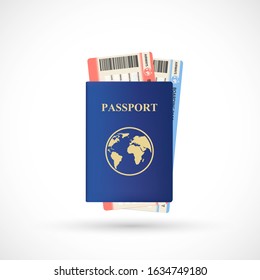 Blue passport with airline tickets. Vacation or business trip. Isolated on a white background. Vector icon