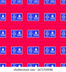Blue Passport with biometric data icon isolated seamless pattern on red background. Identification Document.  Vector Illustration