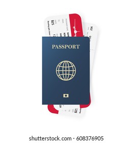 Blue passport and boarding pass tickets. Realistic design. Vector illustration