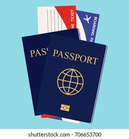 Blue passport and boarding pass tickets.