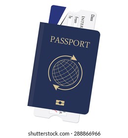 Blue passport and boarding pass vector illustration. Airplane ticket. Identification document